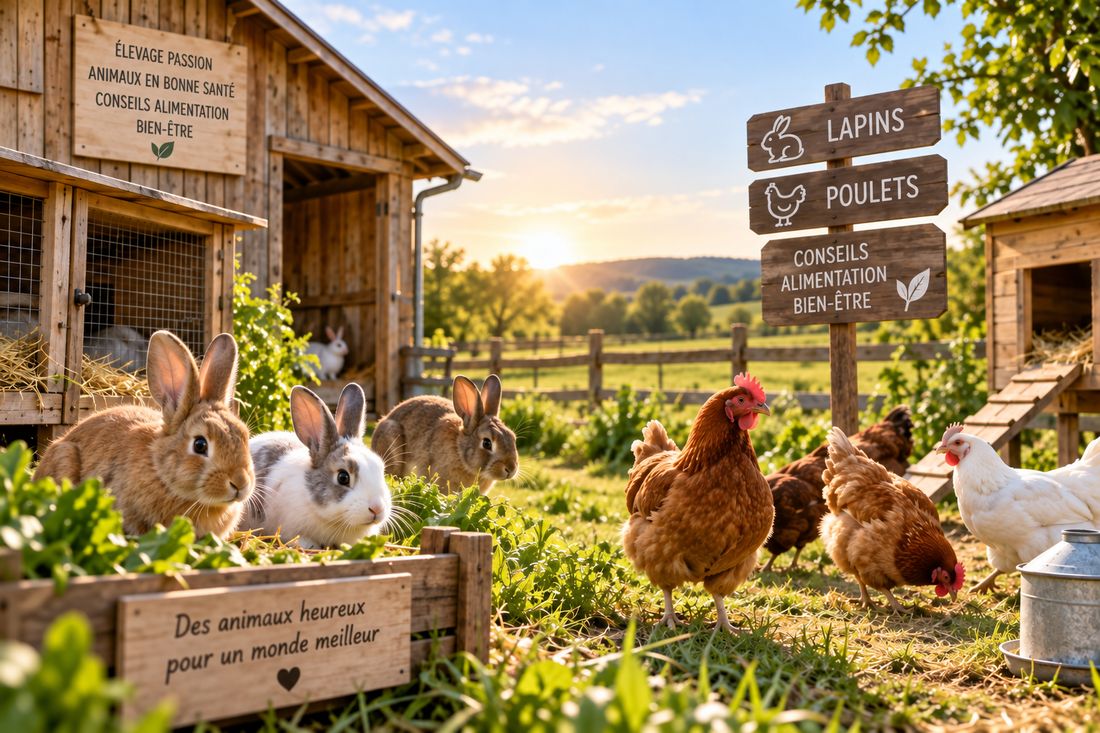 Lapins et poules dans notre élevage à Cotonou